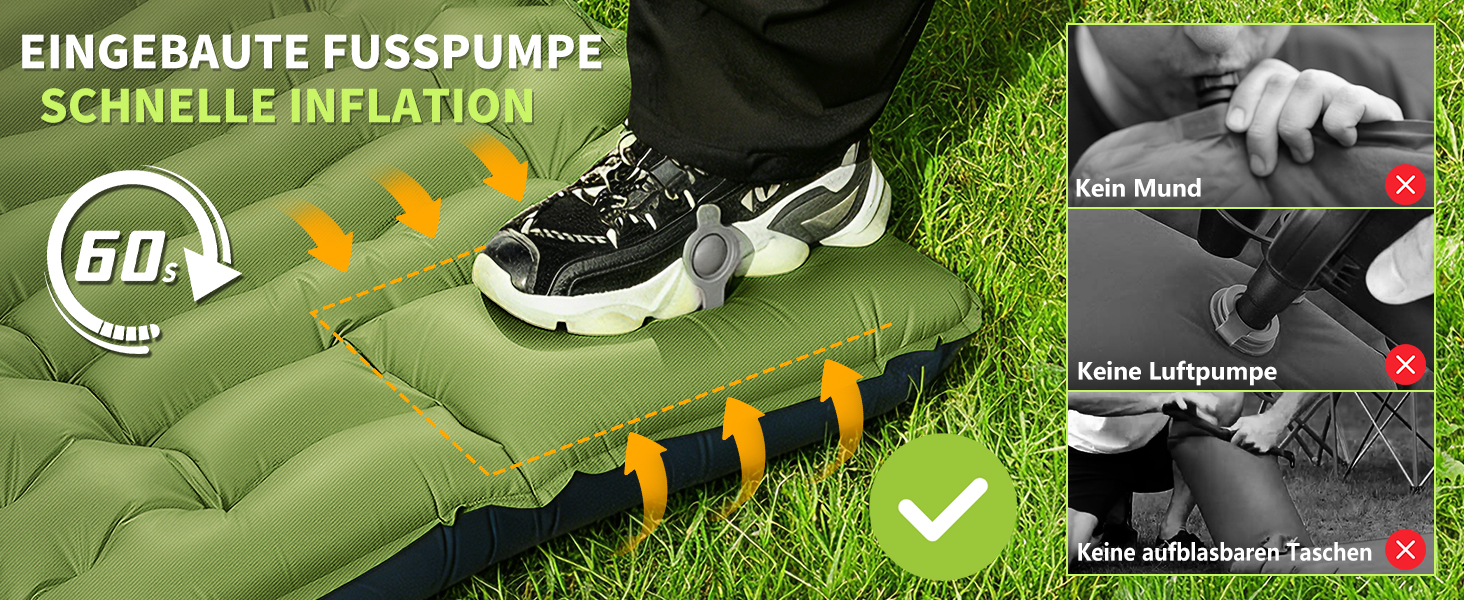 Надувний кемпінговий килимок Yuzonc з вбудованим насосом та подушкою, компактний туристичний матрац для походів та пляжу, зелений