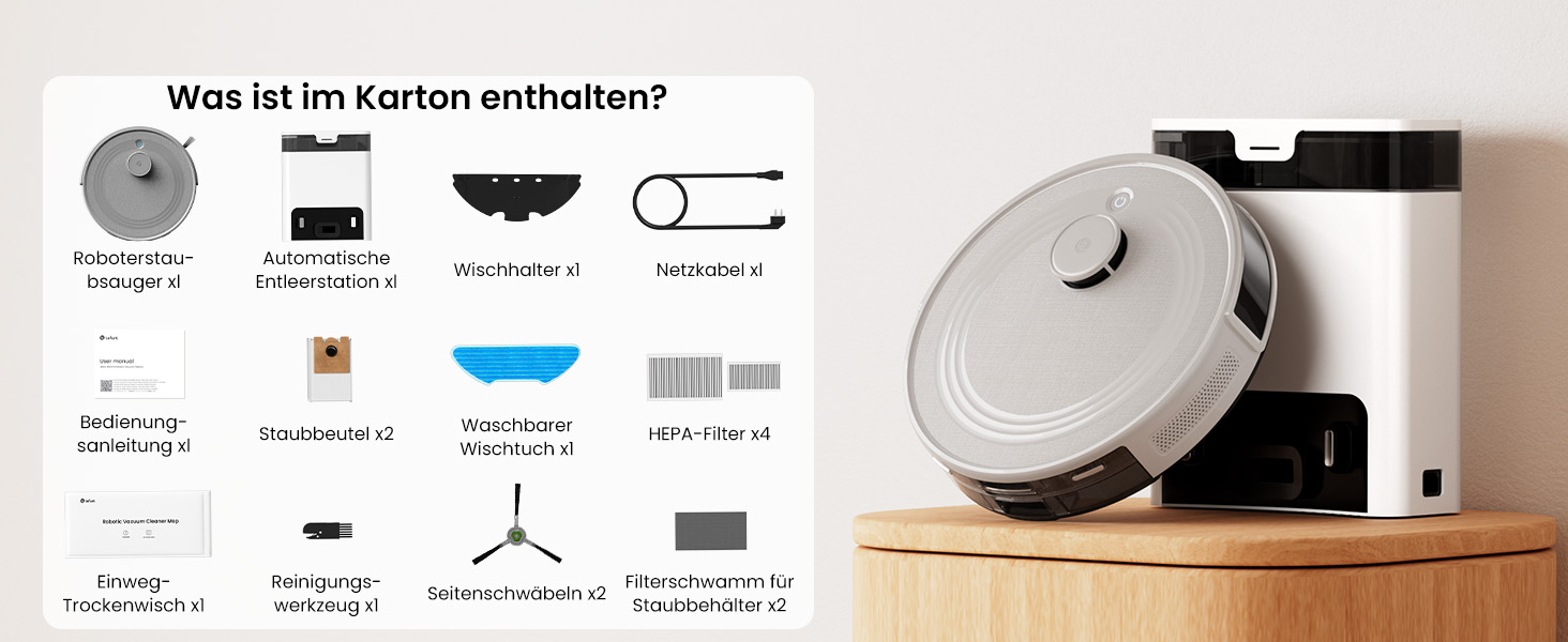 Робот-пилосос LEFANT M2 Pro Mondgrau з функцією миття, 5000Pa, LiDAR, 150 хв, розпізнавання килима, керування через додаток/голос, для видалення шерсті тварин, чорний