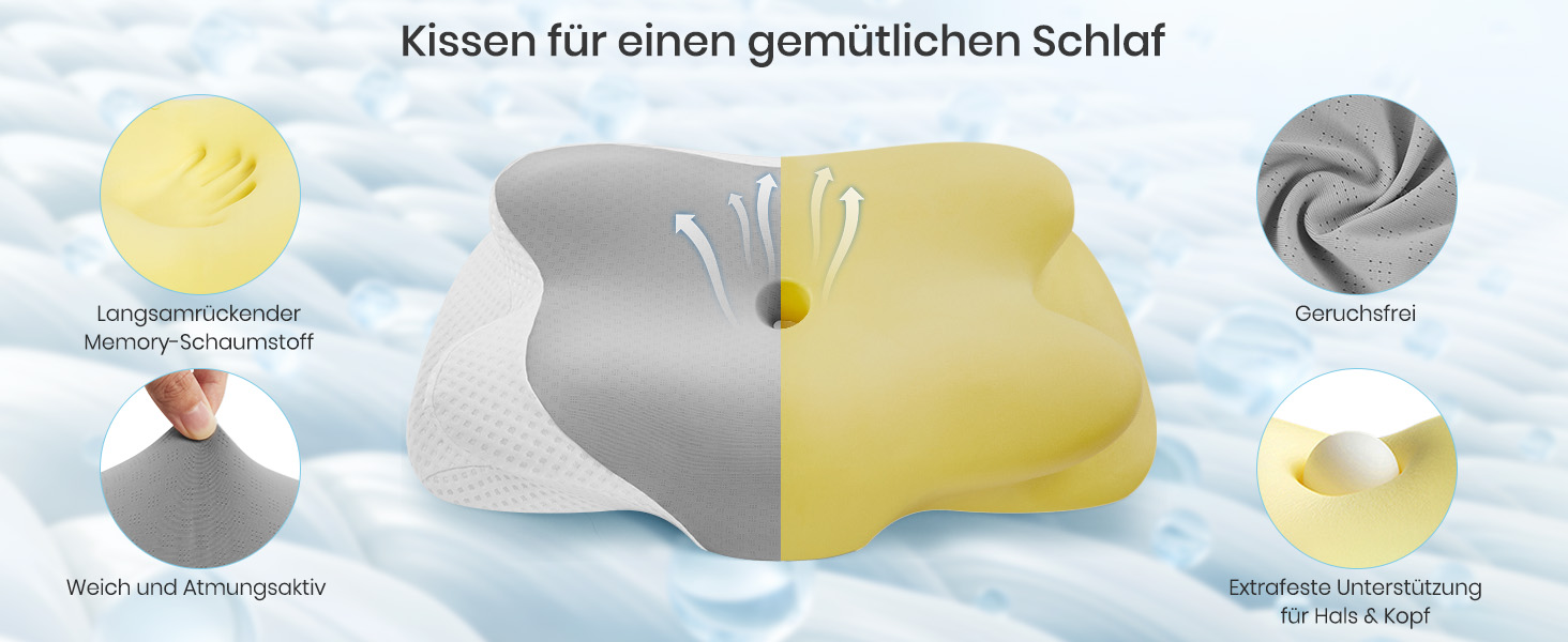 Подушка для шиї Donama з піною з пам'яті, подушка для сну на бік, спину та живіт (світло-сіра, 62 x 37 x 12 см)