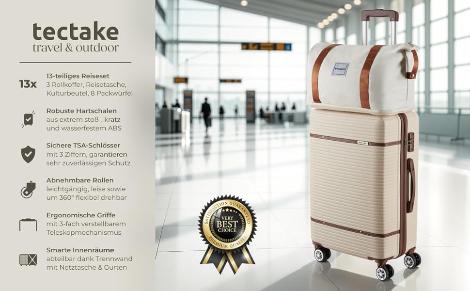 Набір валіз Tectake® 13 предметів: валіза, сумка, ролер, валіза на колесах, 3 великі валізи, TSA-замок, кремовий колір