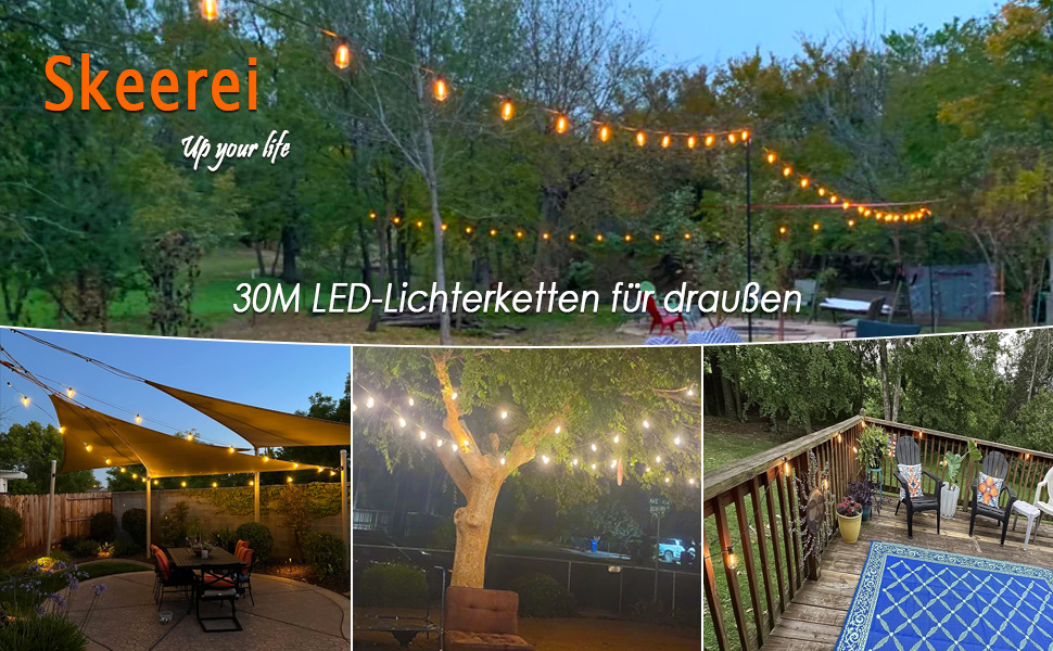 LED гірлянда для зовнішнього використання, вологостійка IP65 з 15+1 лампочками E27 2700K тепле біле світло для саду, тераси, вечірок. Довжина 30 метрів. [Енергоклас G]