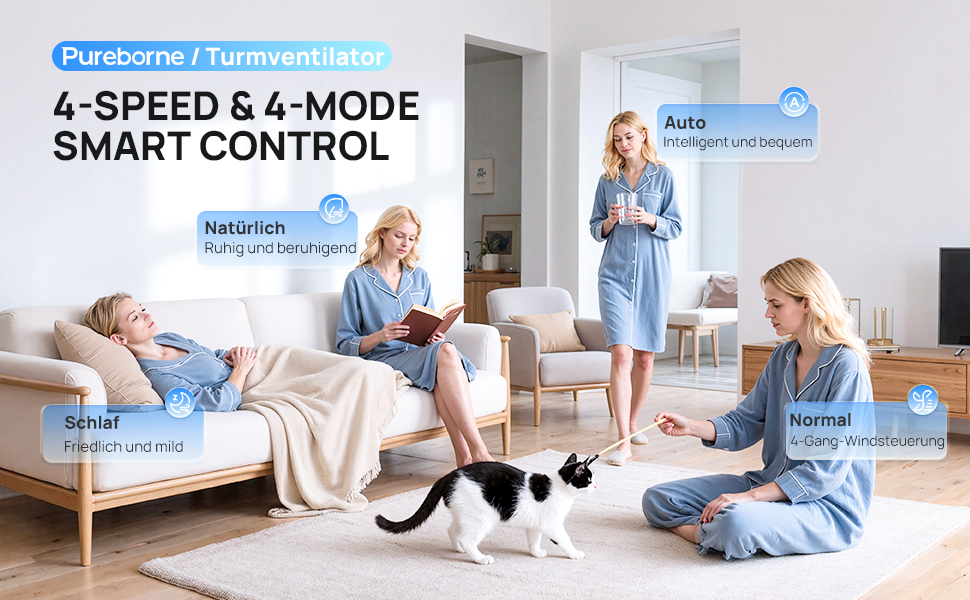 Турбовентилятор Leiser з осциляцією 90°, Wi-Fi, пульт, 4 швидкості, 4 режими, таймер 12 год, чорний, 102 см