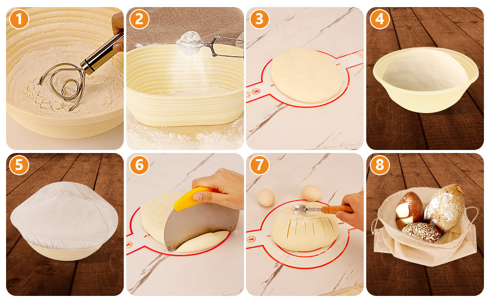 Набір для бродіння тіста Brotgar з силікону (23см круглий & 25см овальний) – для закваски, з лопаткою, ніжчиком, тканиною для бродіння – складний, гігієнічний, для початківців та професіоналів (10шт)