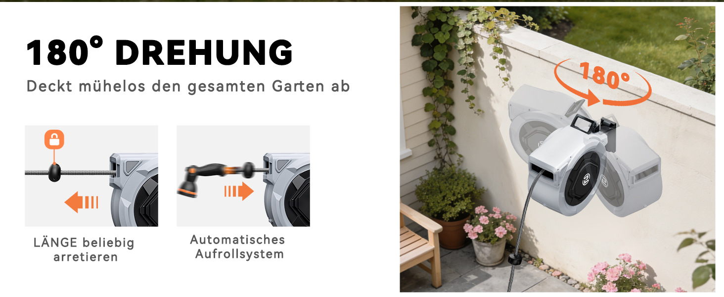 Шланговий барабан SUNPOW настінний 30м, 16 мм - автоматичний згортач з фіксацією, поворотна стіна, 10 функцій для саду, тераси та двору