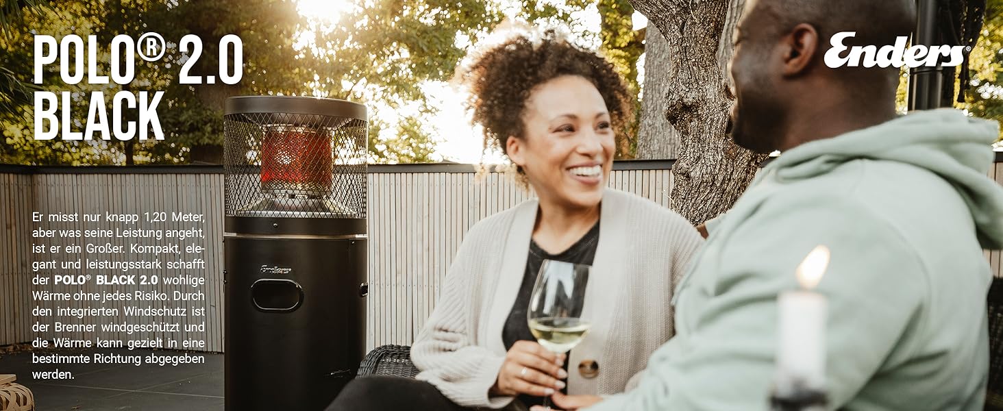 Газовий терасної обігрівач Enders Polo Black 2.0 з регулюванням 3-6 кВт, нержавіюча сталь, ENDUR Reflexionssystem, транспортні колеса, захист від перекидання, чорний