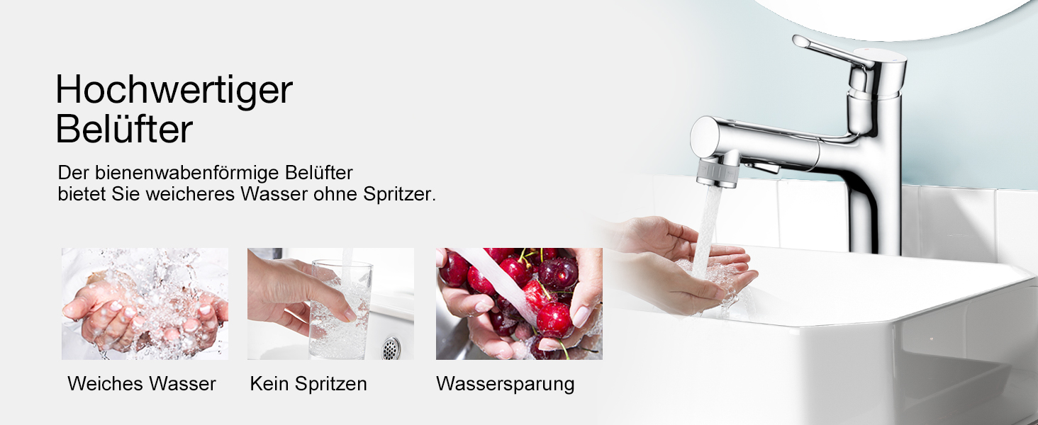 Сучасний змішувач для ванної кімнати CREA з висувною лійкою, 2 режими струменя, з міді, хром, для умивальника