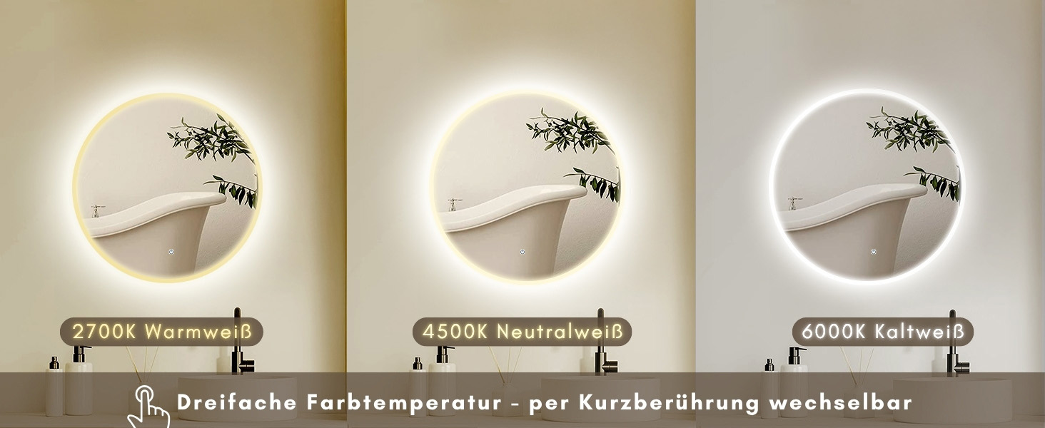 Дзеркало для ванної кімнати овальне з підсвічуванням 75x45 см, LED, сенсорне керування, зміна кольору світла (тепле/холодне/нейтральне)