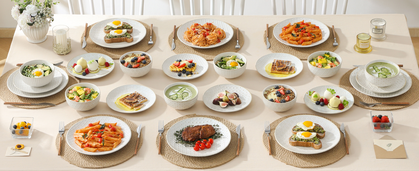 Набір посуду Malacasa LYDIA (24 шт.) для 4 осіб, бежевий: 16-ти частинний сервіз зі столових тарілок та чашок з рельєфом, з каменю