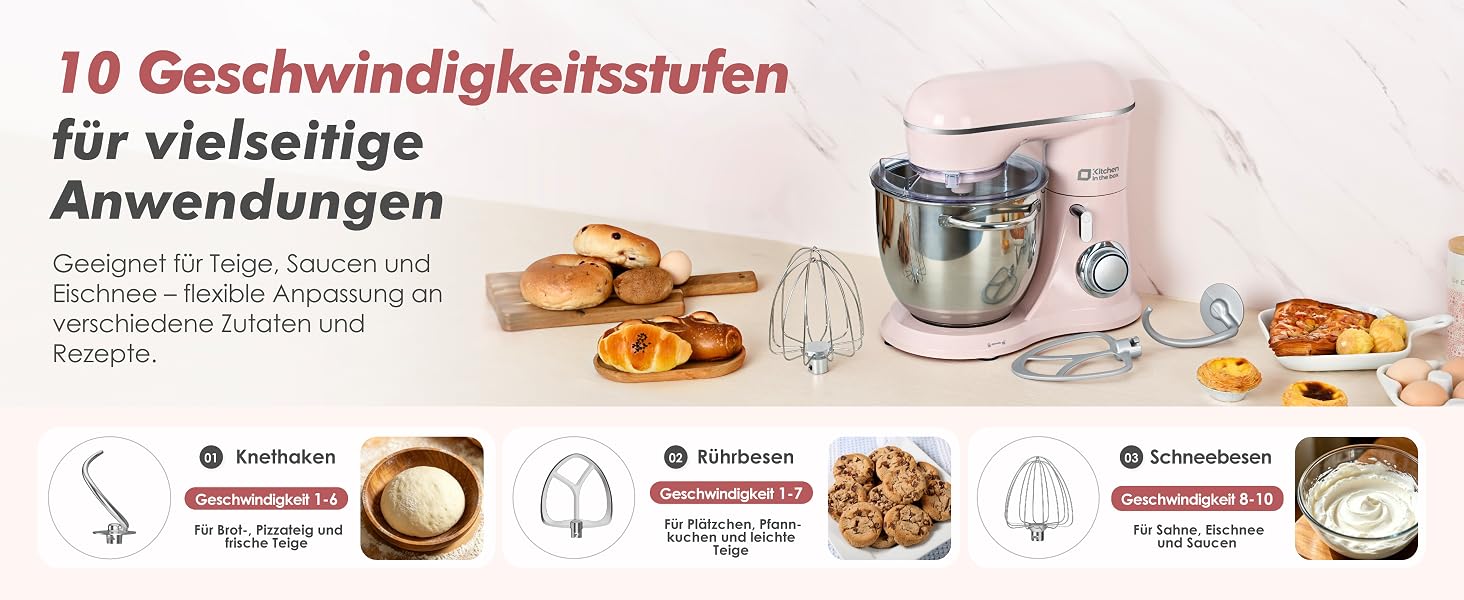 Кухонна машина Kitchen in the box Kompakte — планетарний міксер та тістоміс 3.5L/5L, 10 швидкостей, з вінчиком, гаком та міксером (Рожевий)