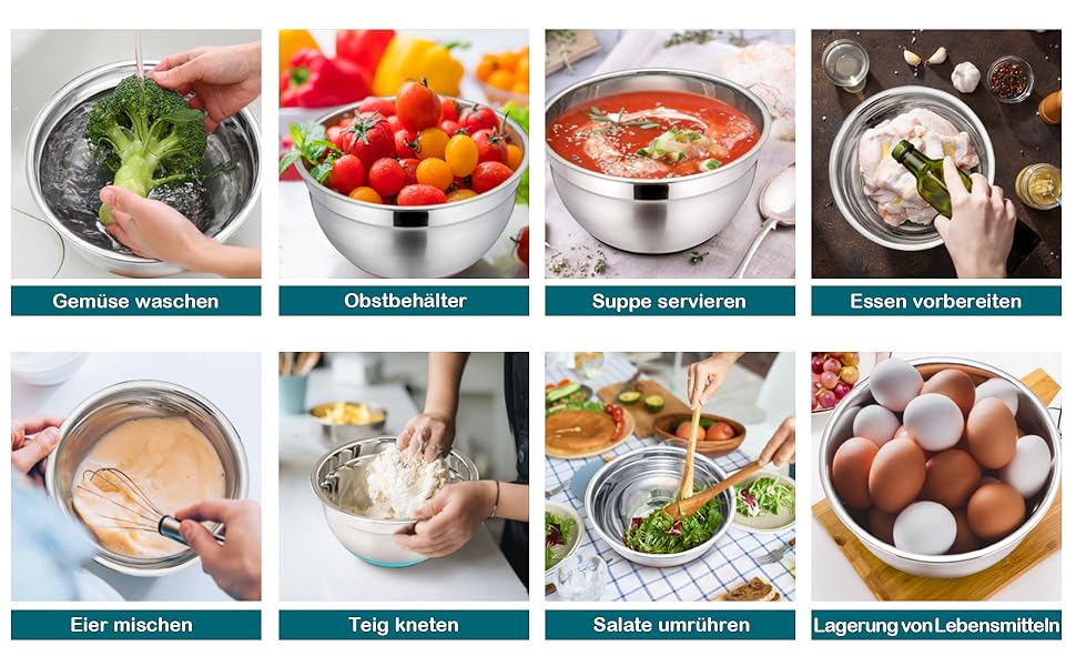 Набір салатниць TEAMFAR 6 шт. з нержавіючої сталі з кришками та силіконовими ніжками, 0.7L/1.5L/1.6L/2.5L/2.8L/4.6L