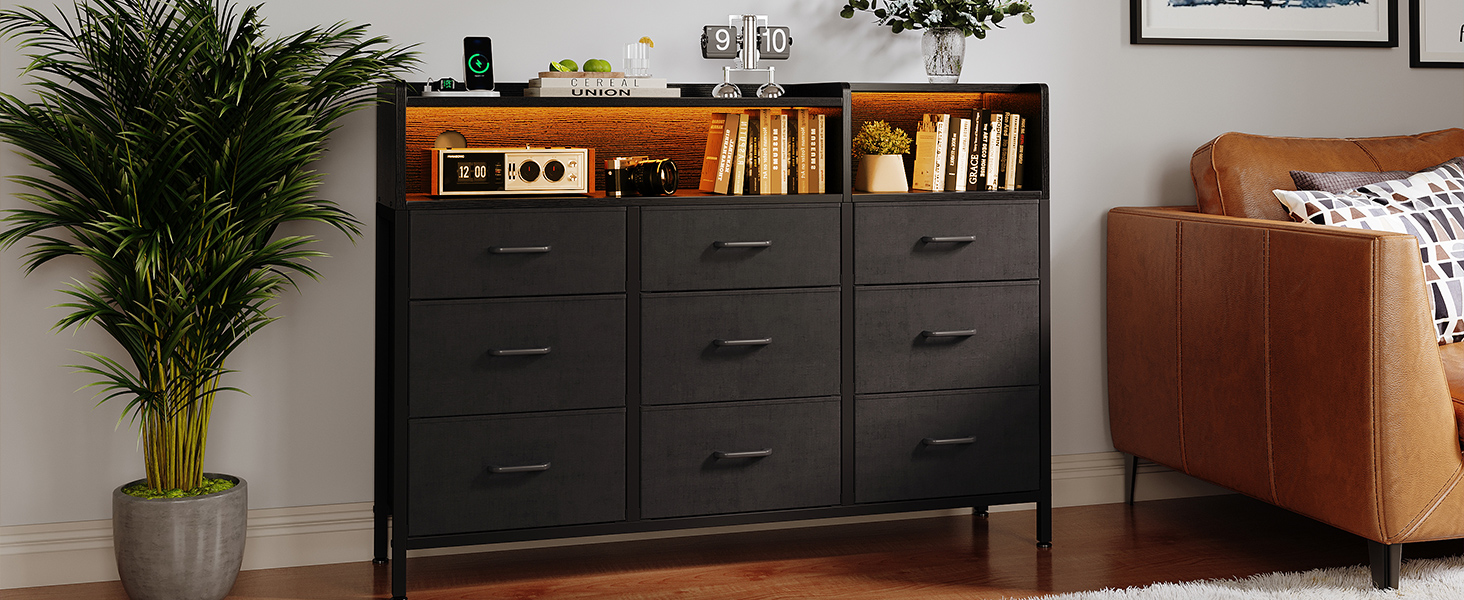 Комод ODK з шухлядами, 2 розетки, 2 USB, 10 LED-смужок, полиця, стільниця, 9 тканинних шухляд, чорний колір, 130x30x97 см