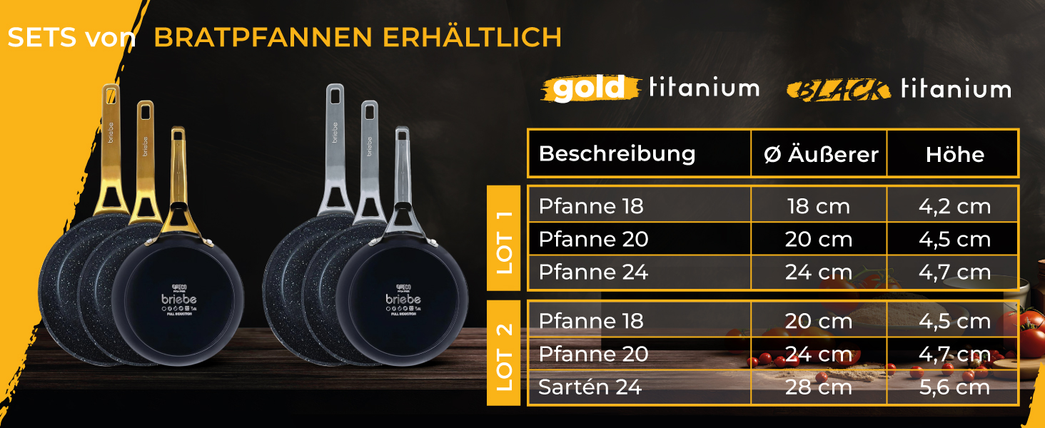 Набір сковорідок Briebe Gold Titanium 3 шт (20, 24, 28 см) з антипригарним покриттям для індукційних плит