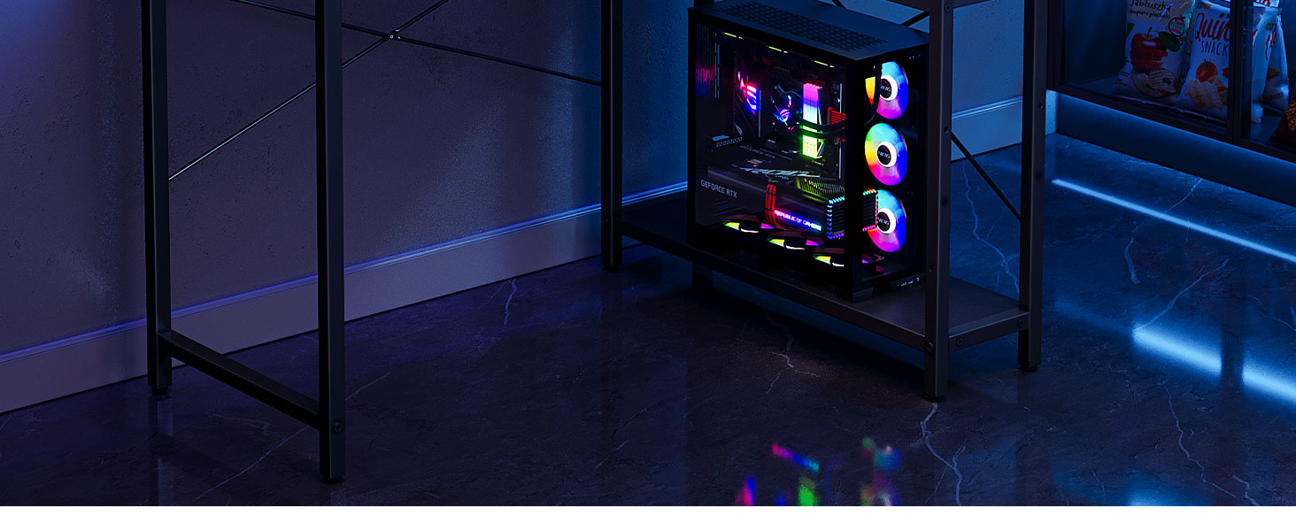 КубіКубі L-подібний кутовий стіл 105x80 см з LED підсвіткою та розетками, чорний. Стіл для ігор, навчання, офісу, з підставкою для монітора.