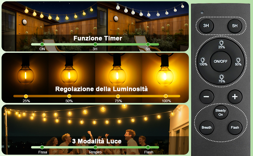 LED гірлянда для вулиці, 20.7м, з таймером, 30+1 лампочки G40, диммування, IP44, для декору саду, балкону, дому