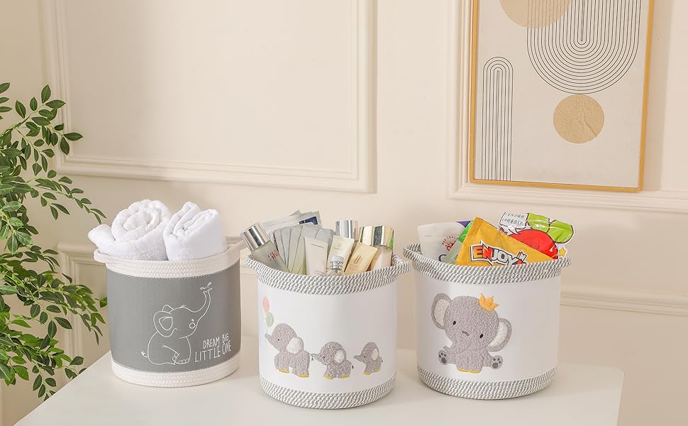 Набір кошиків для зберігання 3 шт. з плетіння, дитячі кошики для іграшок, білизни, складний органайзер для дитячої кімнати, для іграшок, одягу, м'яких іграшок, місткі та надійні кошики (Сірий слон)