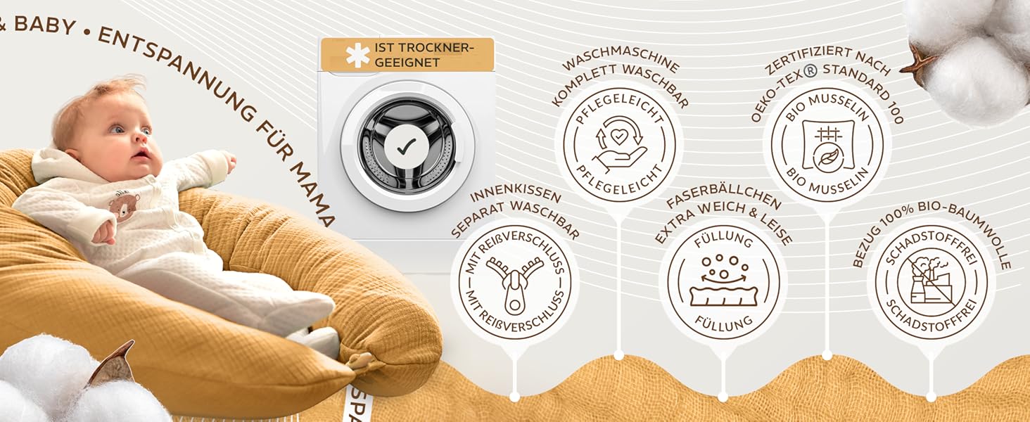 Подушка для вагітних Sei Design XXL з екологічної тканини Öko-Tex | Ергономічна подушка для сну та годування | Безшумна еластична наповнювач, чохол 100% бавовна (Musselin Bernstein, 190x30)