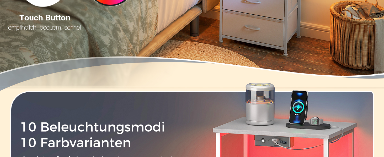 Приліжкова тумбочка Coleshome біла з розеткою, 2 USB, LED-підсвіткою, 3 висувними ящиками та місцем для зберігання, 40x30x70 см