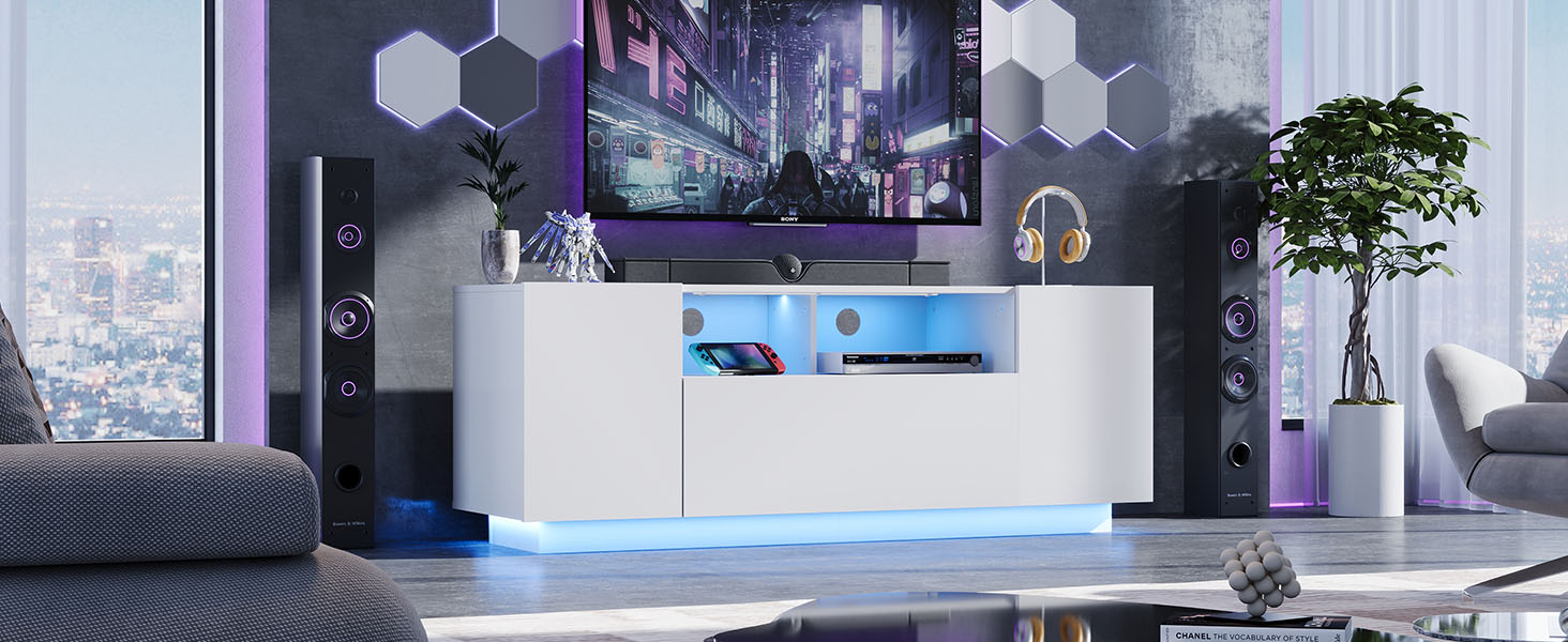 Тумба під телевізор WLIVE з LED підсвіткою, глянцева, 122x36x45 см - 20 кольорів, шафи та відкриті полиці, відкидні дверцята, біла