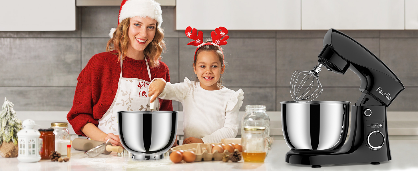 Кухонна машина Facelle 1500W з місткістю 5,5/4,5л: міксер, тістоміс, набір насадок, тиха робота (чорний)