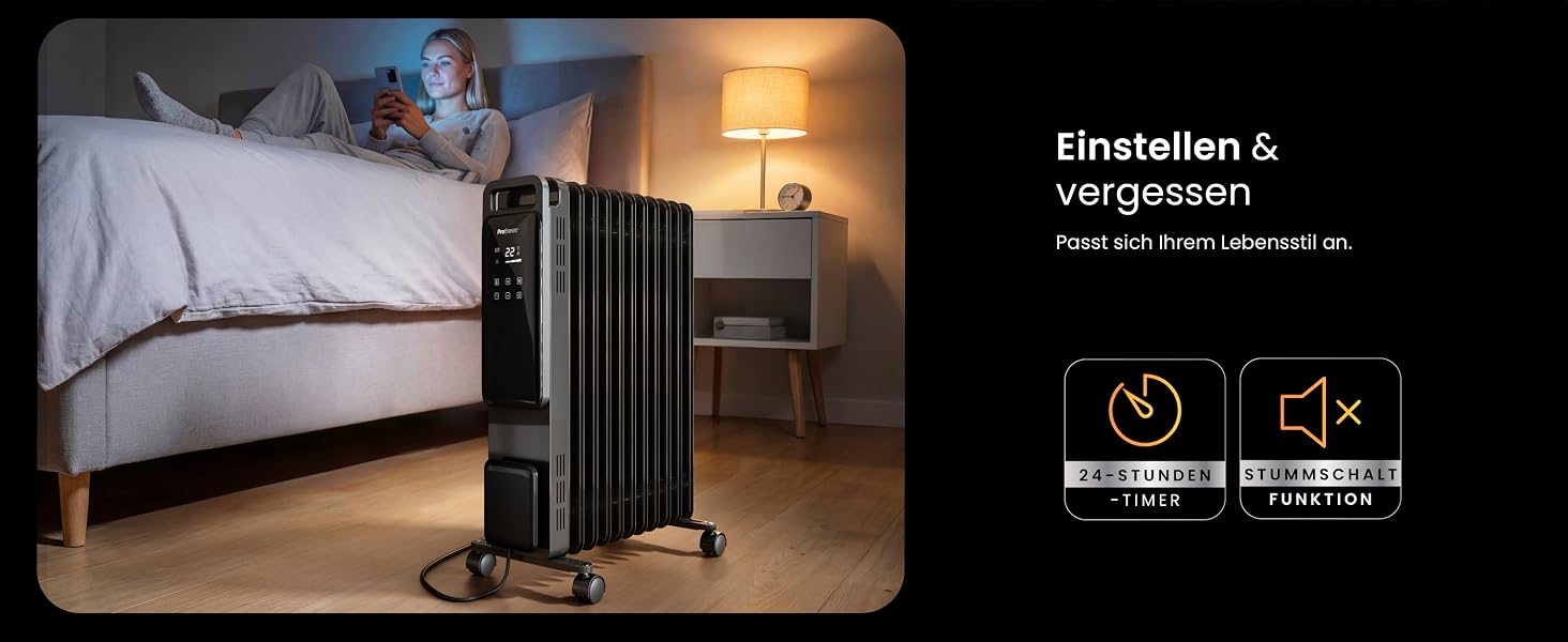 Електричний масляний радіатор Pro Breeze 2500Вт, 11 секцій, смарт-обігрів з термостатом, таймером на 24г та сенсорним дисплеєм, чорний