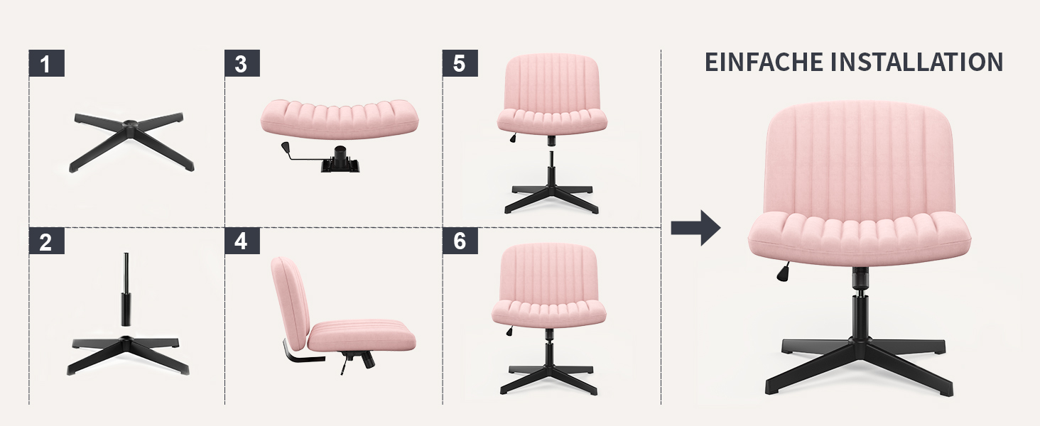 Офісне крісло Naspiro без підлокітників, з тканиною, регульоване по висоті, поворотне на 360°, для дому (Рожевий)