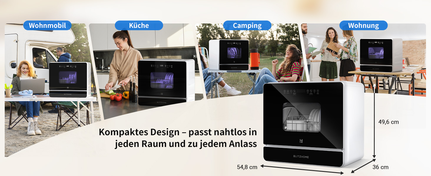 Міні посудомийна машина BLITZHOME з сенсорним керуванням, 9 програм, портативна для кемпінгу, 5.2L, з/без підключення до води, сушка, відкладений старт