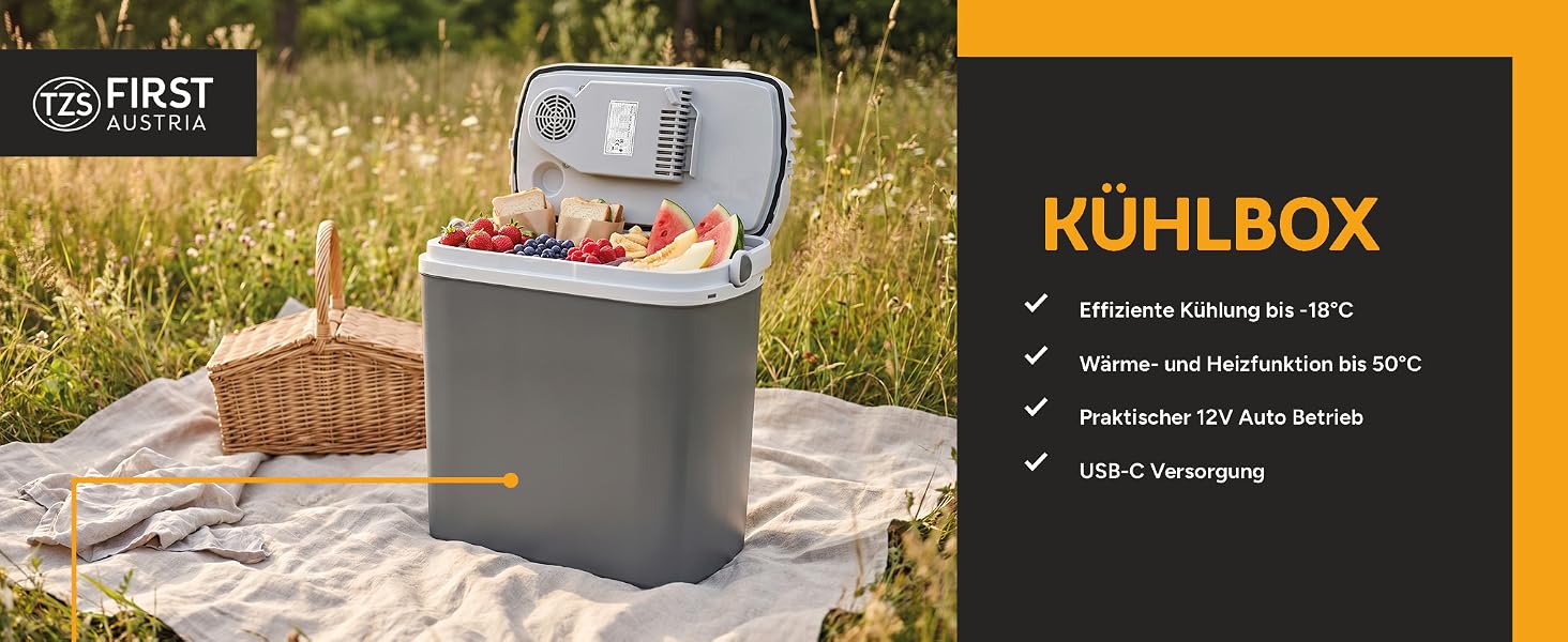 Автомобільний холодильник/термос First Austria Thermoelektrische Kühlbox 24L з USB-C PD 3.0 52W, живлення від мережі/автомобіля/USB, чорно-сірий
