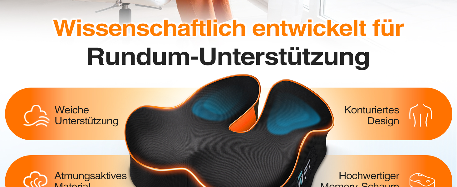 Ергономічна подушка для сидіння з Memory Foam для офісного крісла та авто, подушка для офісу, авто та дому, знімний чохол, протиковзаюча поверхня, розмір M (60–85 кг) (L-Extra Fest (110–140 кг))