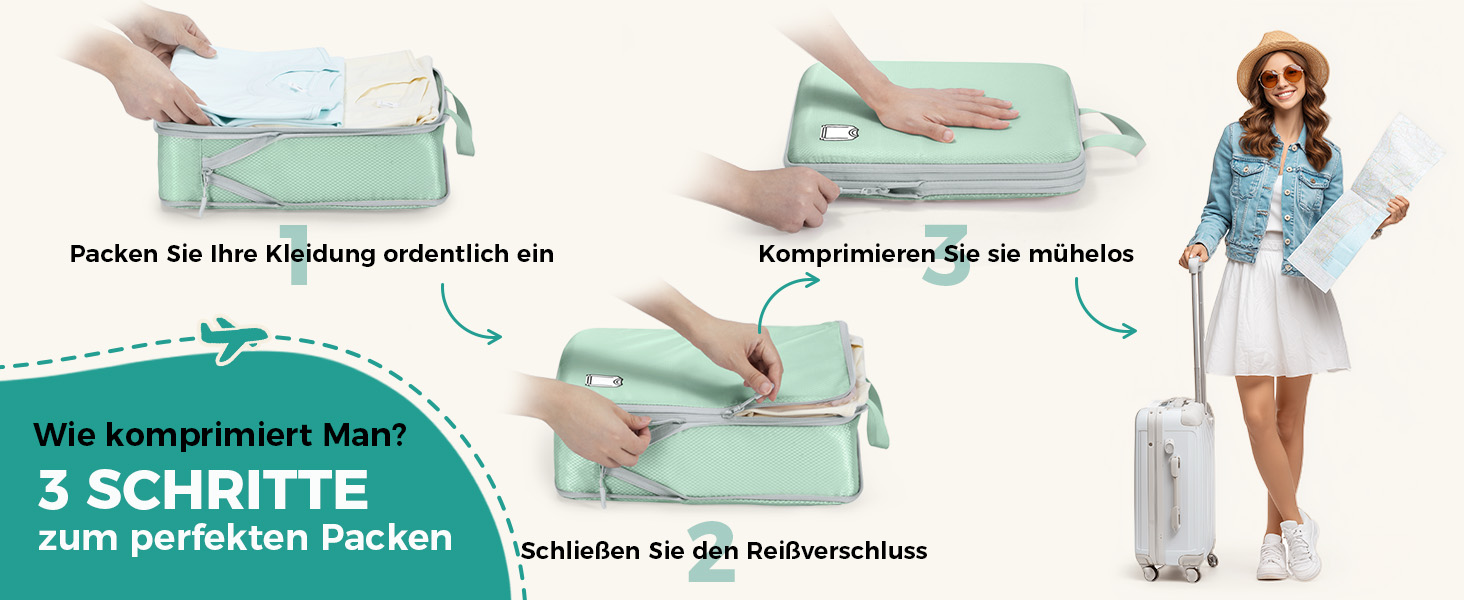 Набір органайзерів для подорожей у валізу з компресією, 8 водонепроникних пакувальних кубів для ручної поклажі та рюкзака, зелений колір