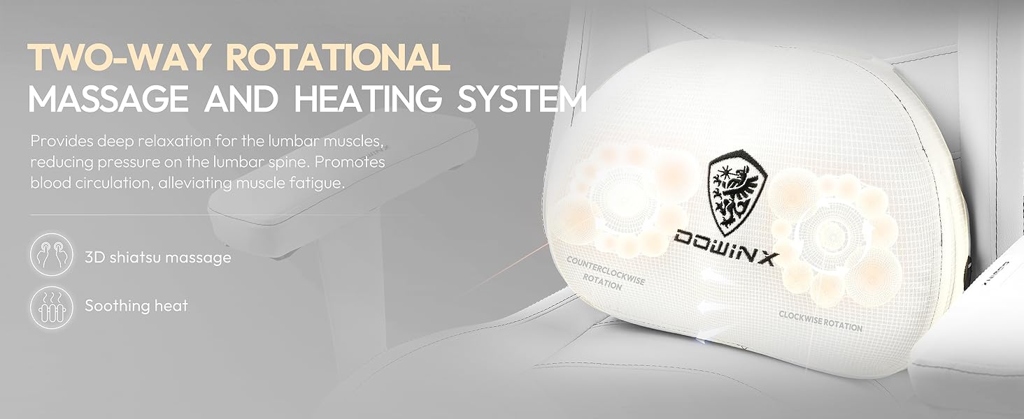 Ігровий крісло Dowinx з масажем та підігрівом, дихаюча спинка, регульоване, з підніжкою, підтримка спини та шиї, чорно-біле