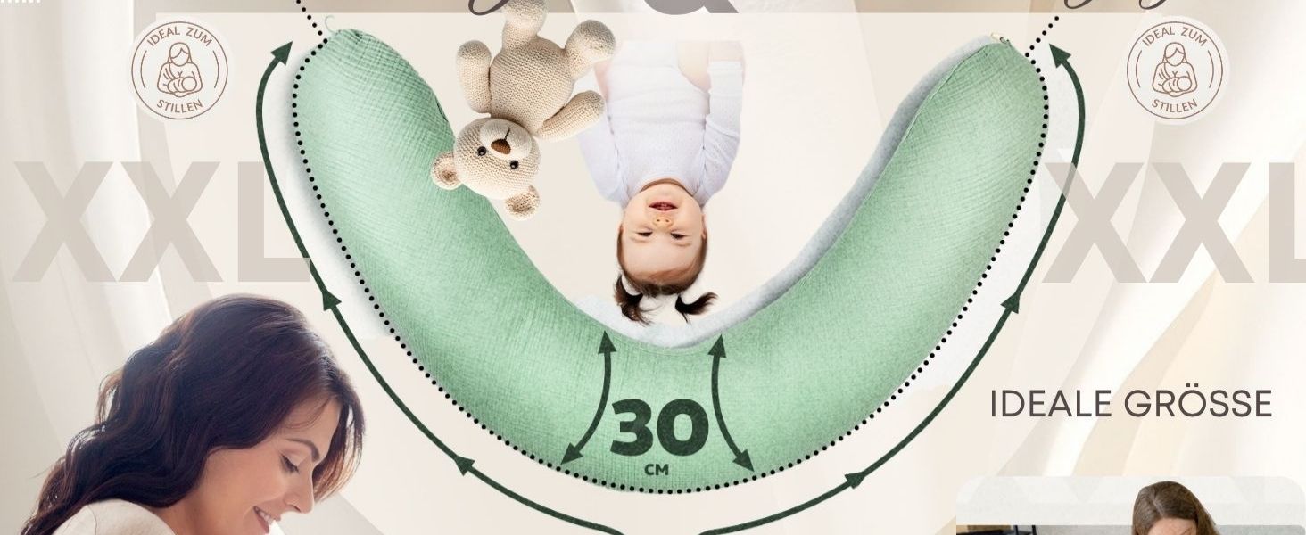 Подушка для вагітних та годування sei Design XXL 190x35 см, ергономічна подушка для сну з чохлом з органічної бавовни муслін (м'ятна)