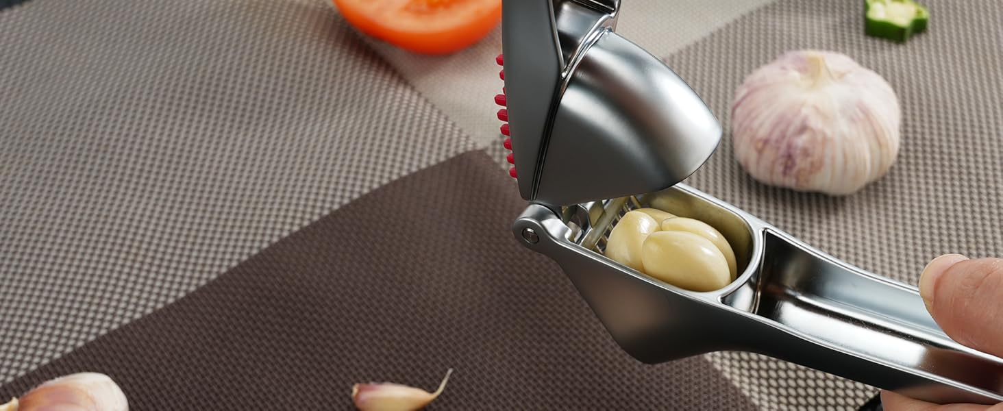 Преміум прес для часнику KITCHENDAO з інтегрованим скребком та контейнером для очищення, цинковий сплав, срібний