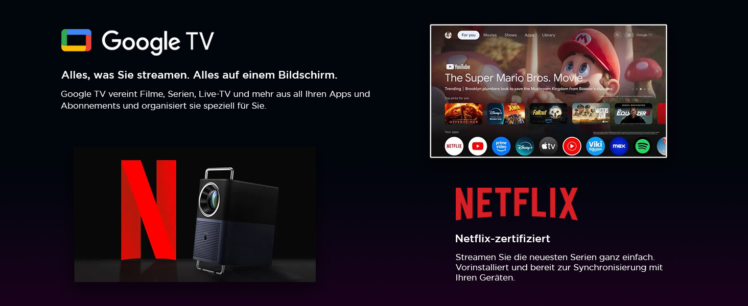 Проєктор TCL A1s 4K Full HD Google TV/Netflix: Dolby Audio, Bluetooth, WiFi, Автофокус, Корекція трапеції 6D для дому та ігор