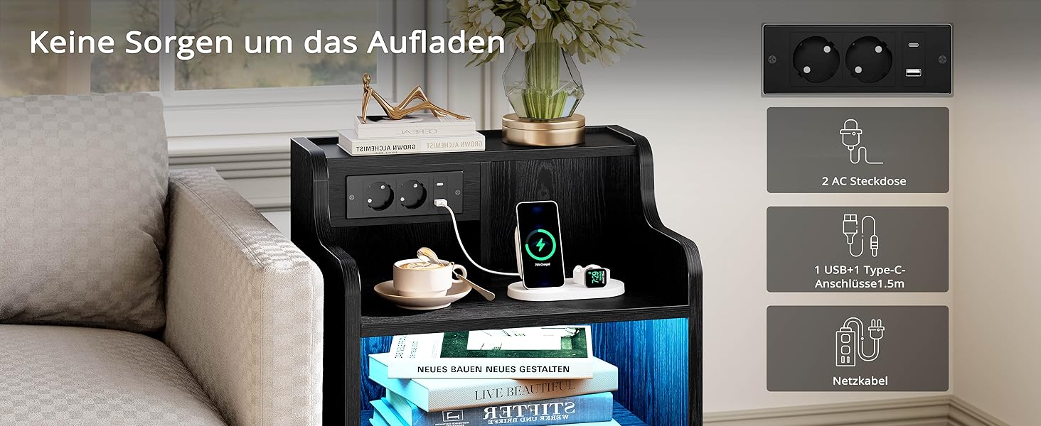 Нічний столик IRONCK з LED-підсвічуванням, розеткою та функцією зарядки, з ящиками, чорний