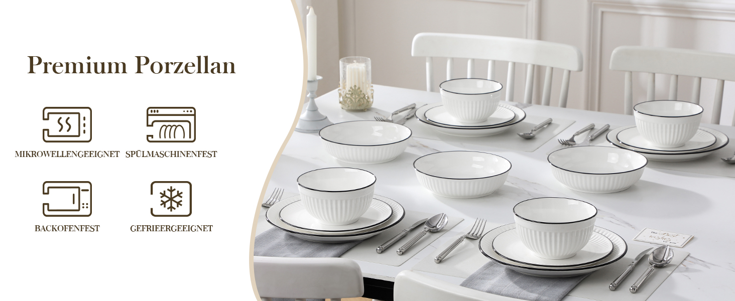 Набір посуду MALACASA LEILA 6 осіб, 24 частини: тарілки, миски, порцеляна, білий з чорним обідком