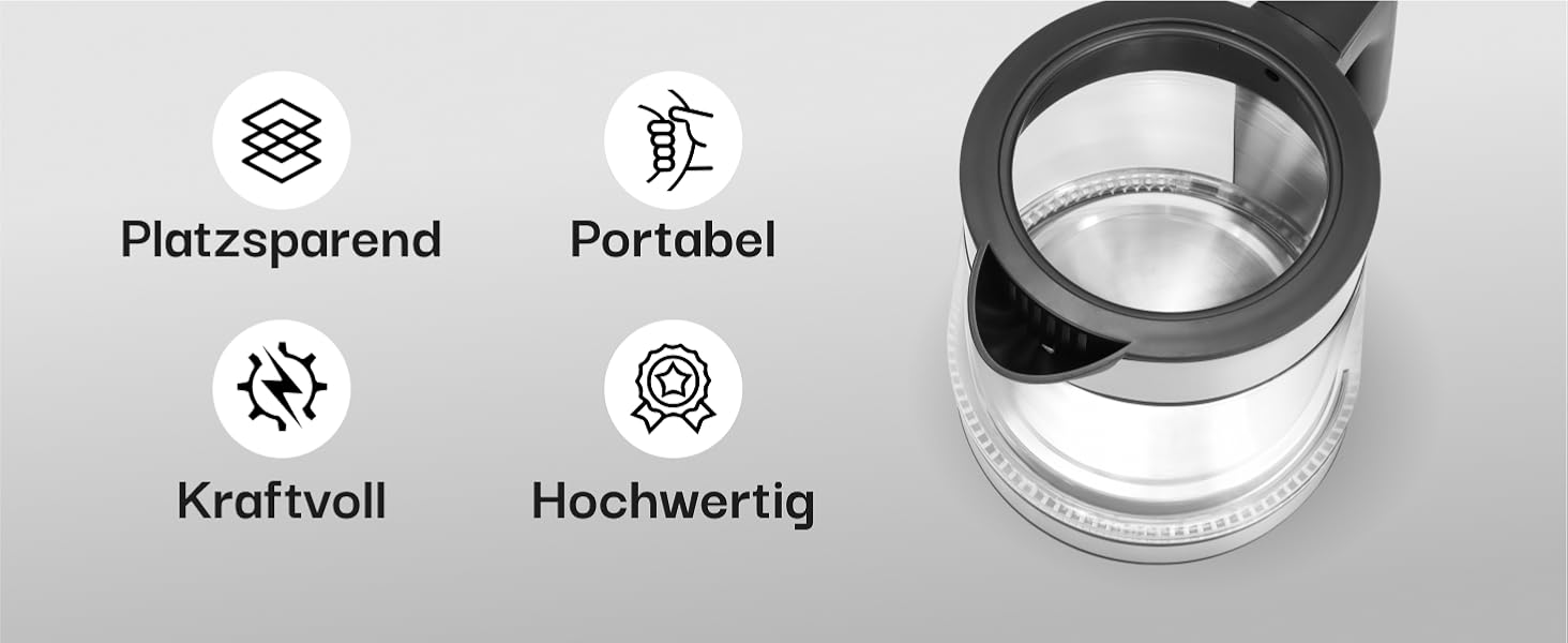 Скляний чайник LEBENLANG 1.2 л з LED-підсвіткою - нержавіюча сталь, без BPA | Чайник для подорожей, кемпінгу