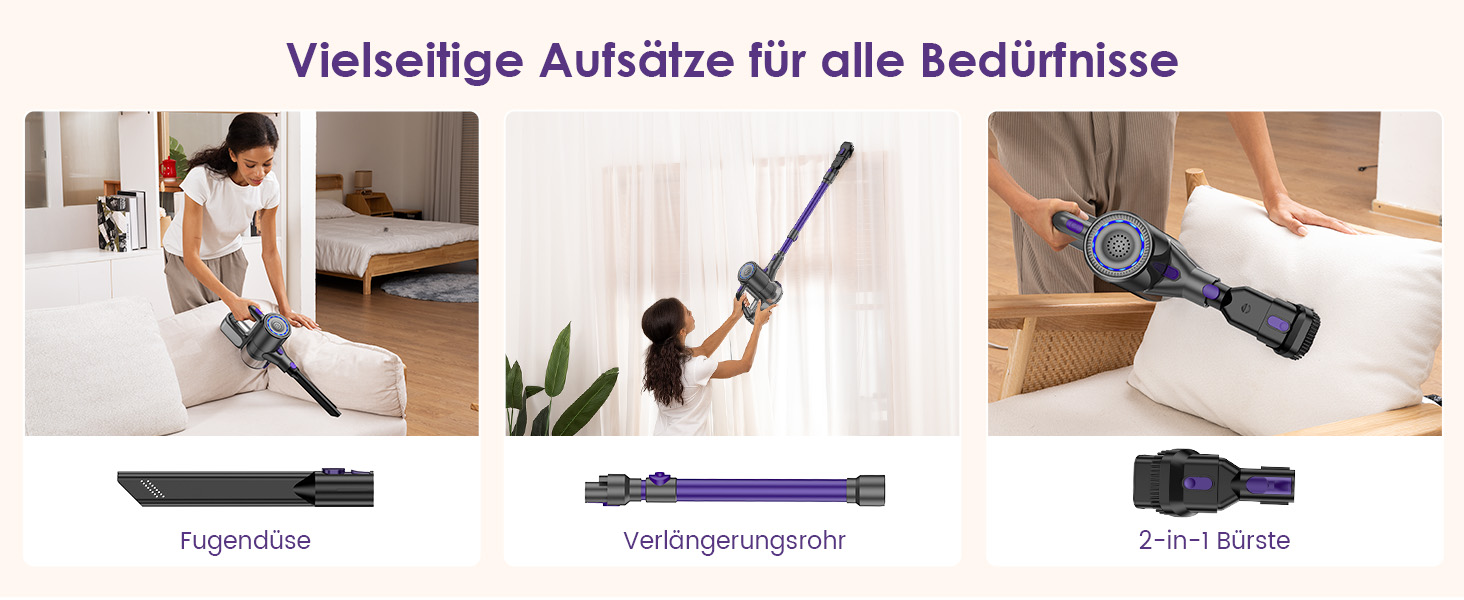 Suirviz Бездротовий акумуляторний пилосос, 40000Pa/500W/45хв, самостійна парковка, легкий, для твердих поверхонь, килимів, шерсті тварин, фіолетовий