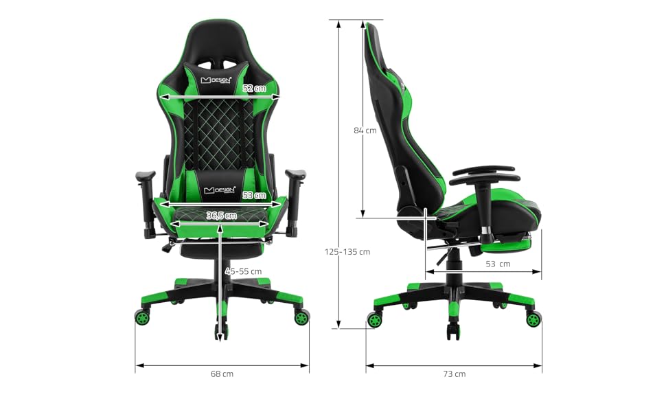 Ергономічне ігрове крісло ML-Design, зелене, зі шкірозамінником, підставкою для ніг, підлокітником, поперековою подушкою