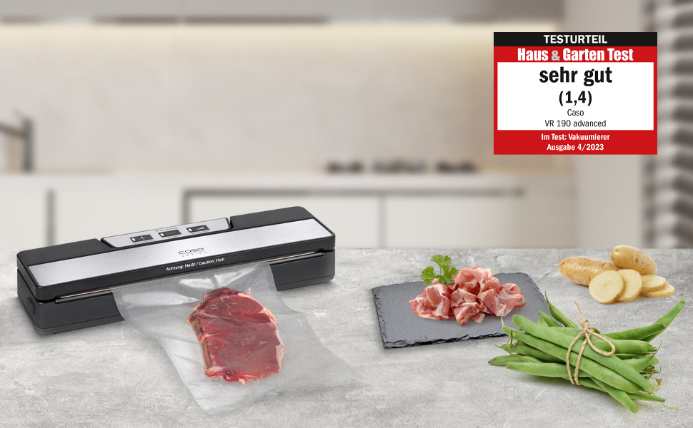 Вакууматор CASO VR 190 advanced — професійний вакуумний пакувальник з широким швом 2,5 мм, 10 пакетів у комплекті