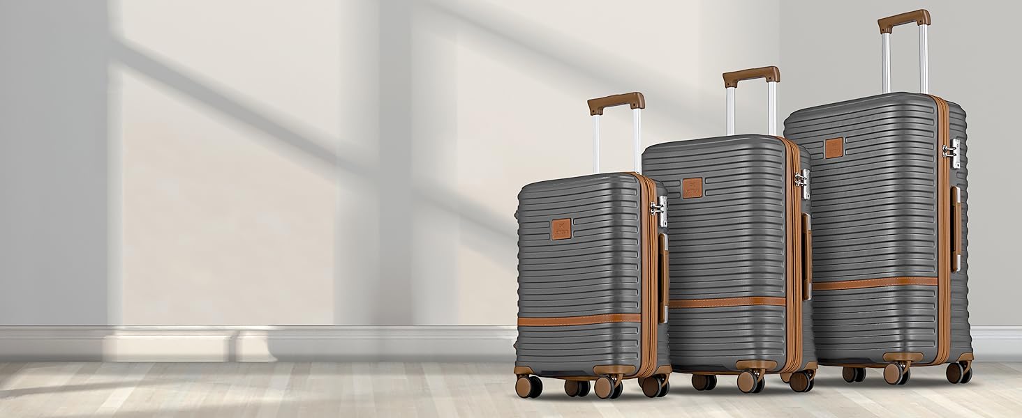 Набір валіз для подорожей Joyway 7 предметів, жорстка оболонка, з косметичкою, 4 колесами та TSA-замком, білий (Сірий/Коричневий)