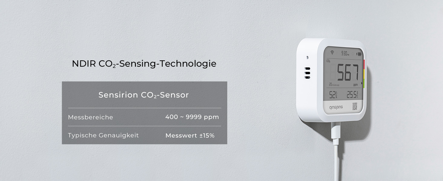 Qingping Датчик CO2, термометр та гігрометр з дистанційним моніторингом через Qingping IoT, для різних сценаріїв, з швидкою системою оповіщення