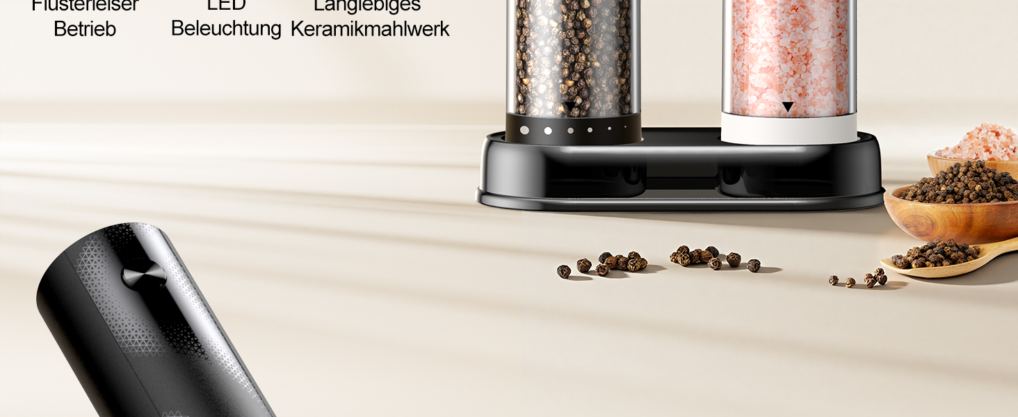 Електричні солі та перечні млини 2 шт. з USB-C зарядкою, регулюванням помелу, LED підсвіткою, керамічним жорном та підставкою – чорний/білий