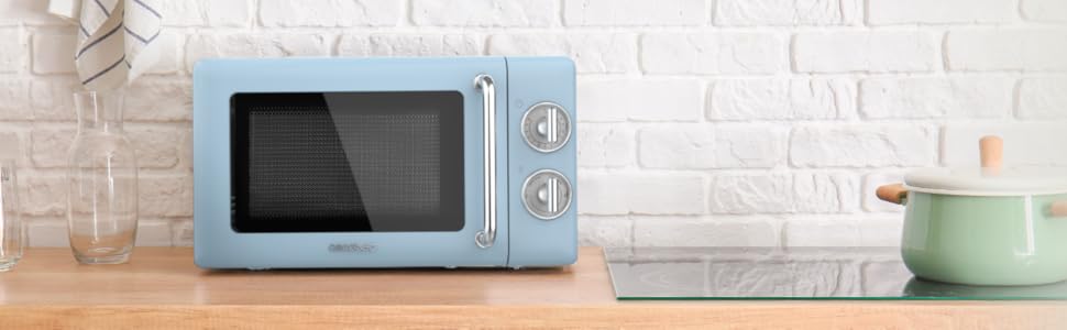 Мікрохвильова піч Cecotec Proclean 3010 Retro Blue 20 л, 700 Вт, механічна, 6 режимів, таймер 30 хв, режим розморожування, вінтажний дизайн, синя, нержавіюча сталь, підсвітка, серія Allein 30
