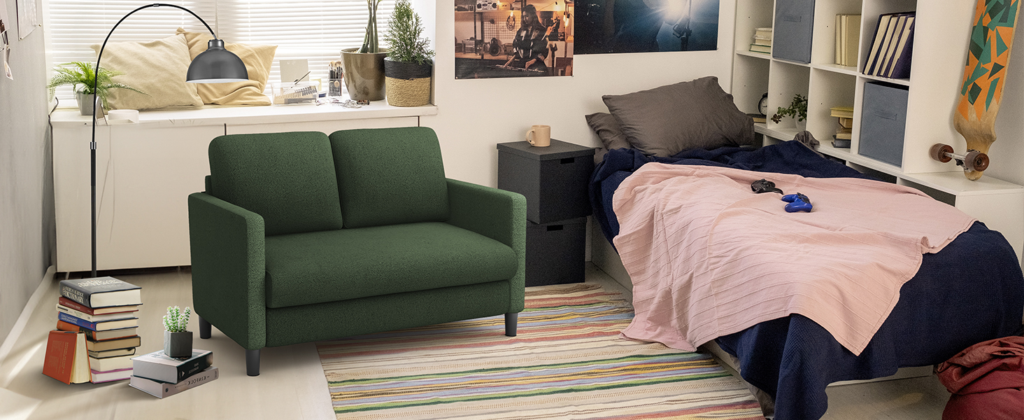 Диван 2-місний, компактний, 130 см, зелений. Зручний диван для підліткової кімнати, легко збирається без інструментів. Дивани з масиву дерева, компактні дивани для вітальні.