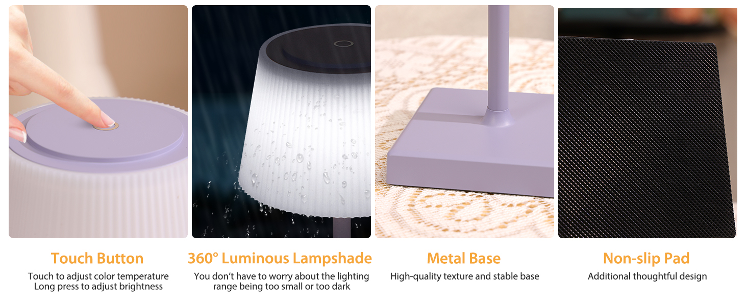 LED лампа Aigostar на акумуляторі, торшери бездротові, торшер з сенсорним керуванням, регулювання яскравості, 3 колірні температури, нічник IP54 вологостійкий для дому та саду, спальня, вітальня, ресторан, сад - (фіолетовий)