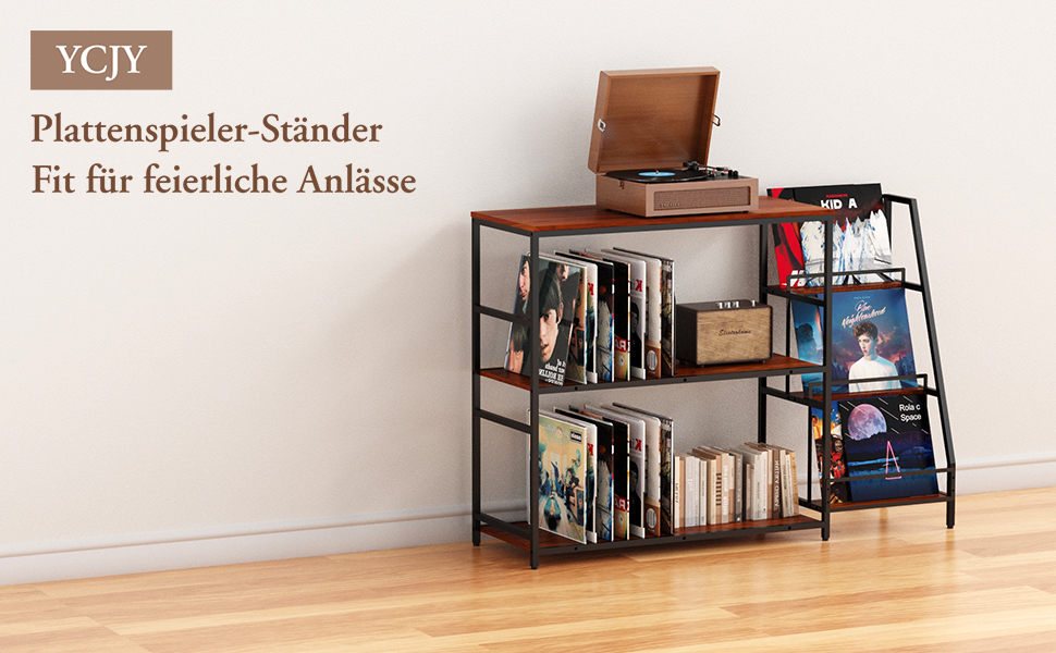 Стіл для програвача YCJY з полицями для платівок, вінтажний, місткість до 400 альбомів