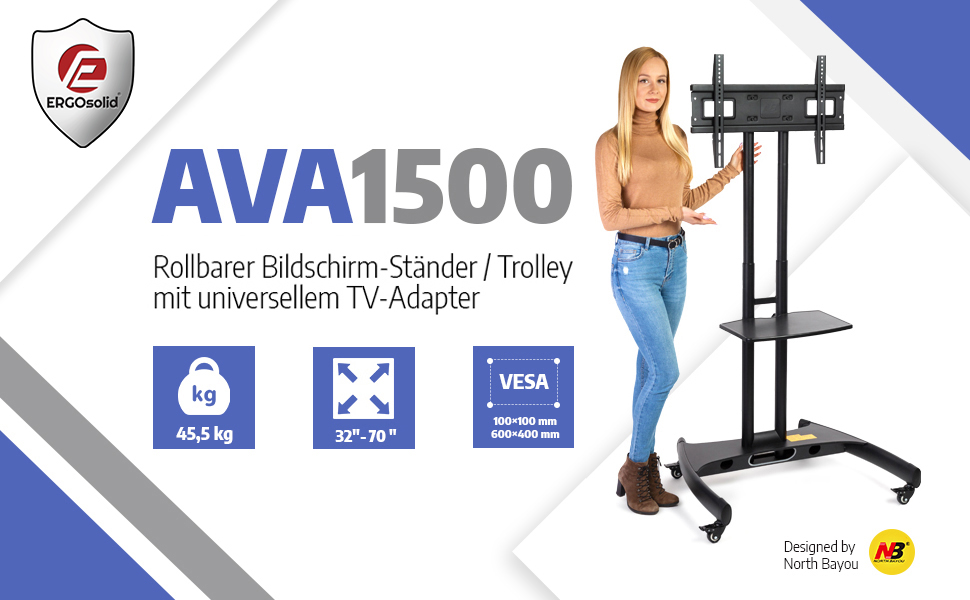 Підставка для телевізора Ergosolid AVA1500B на колесах, чорна, до 45.5 кг, регульована для LCD/LED/Plasma