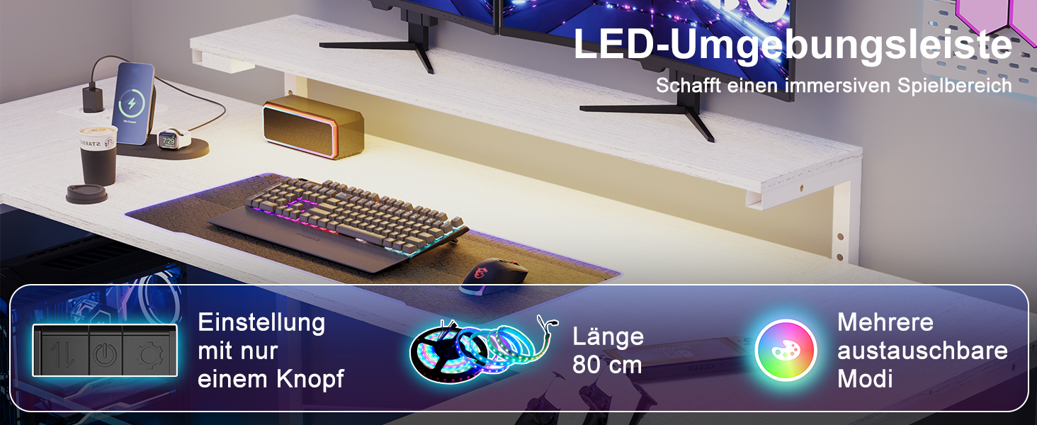 Ігровий кутовий стіл JUMMICO L-подібний 170x95 см з LED підсвіткою, регульованою підставкою під монітор, 3 шухляди, 2 розетки, 2 USB, сталевий та дерев'яний, білий