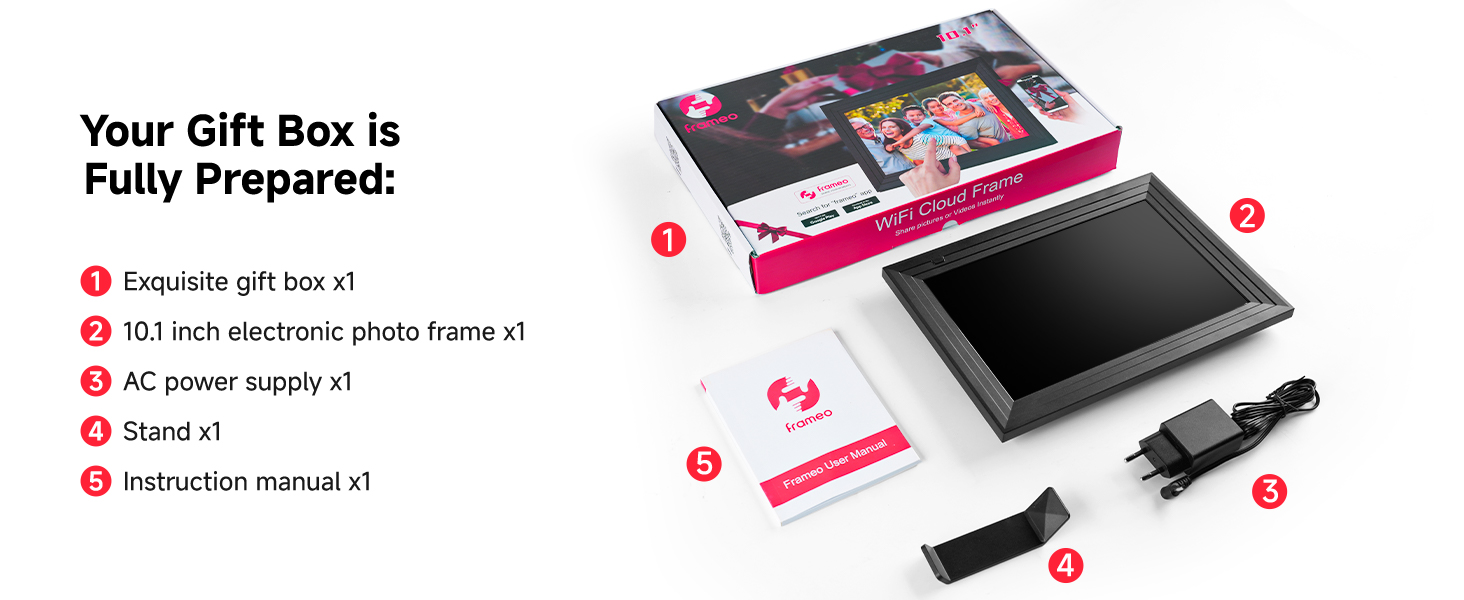 Цифровий фоторамка Frameo з Wi-Fi, 10.1 дюйма, 32GB, IPS сенсорний екран, HD 1280x800, автоматичне обертання, для фото та відео