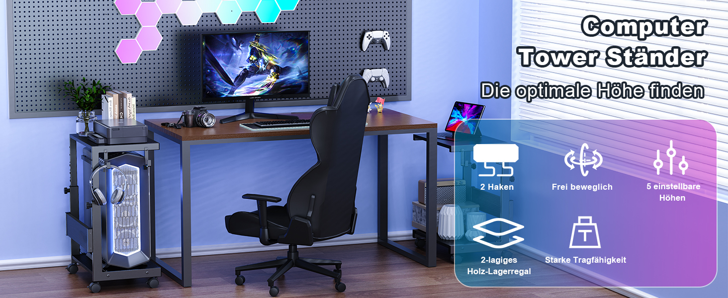 Регульована підставка для комп'ютера Tower, чорна, 44x30x44-59.5 см з ATX корпусом та місцем для зберігання